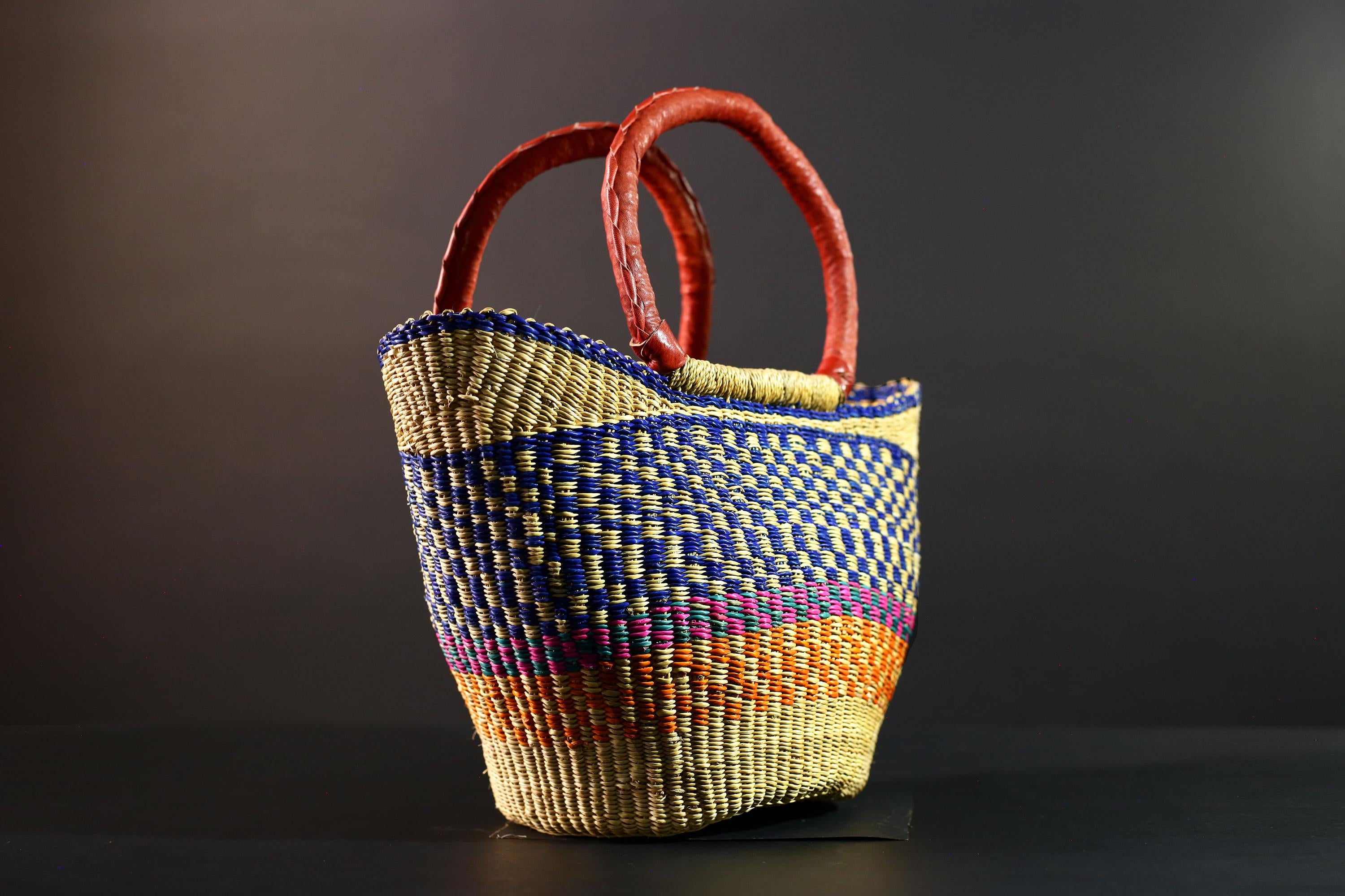 Africa market basket Bolga straw shopper tote with red leather handle colorful tribal weave Ghana handmade storage decor organizer bag G5631