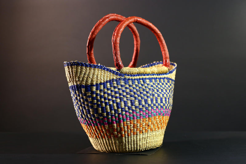 Africa market basket Bolga straw shopper tote with red leather handle colorful tribal weave Ghana handmade storage decor organizer bag G5631