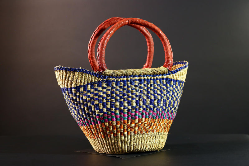 Africa market basket Bolga straw shopper tote with red leather handle colorful tribal weave Ghana handmade storage decor organizer bag G5631