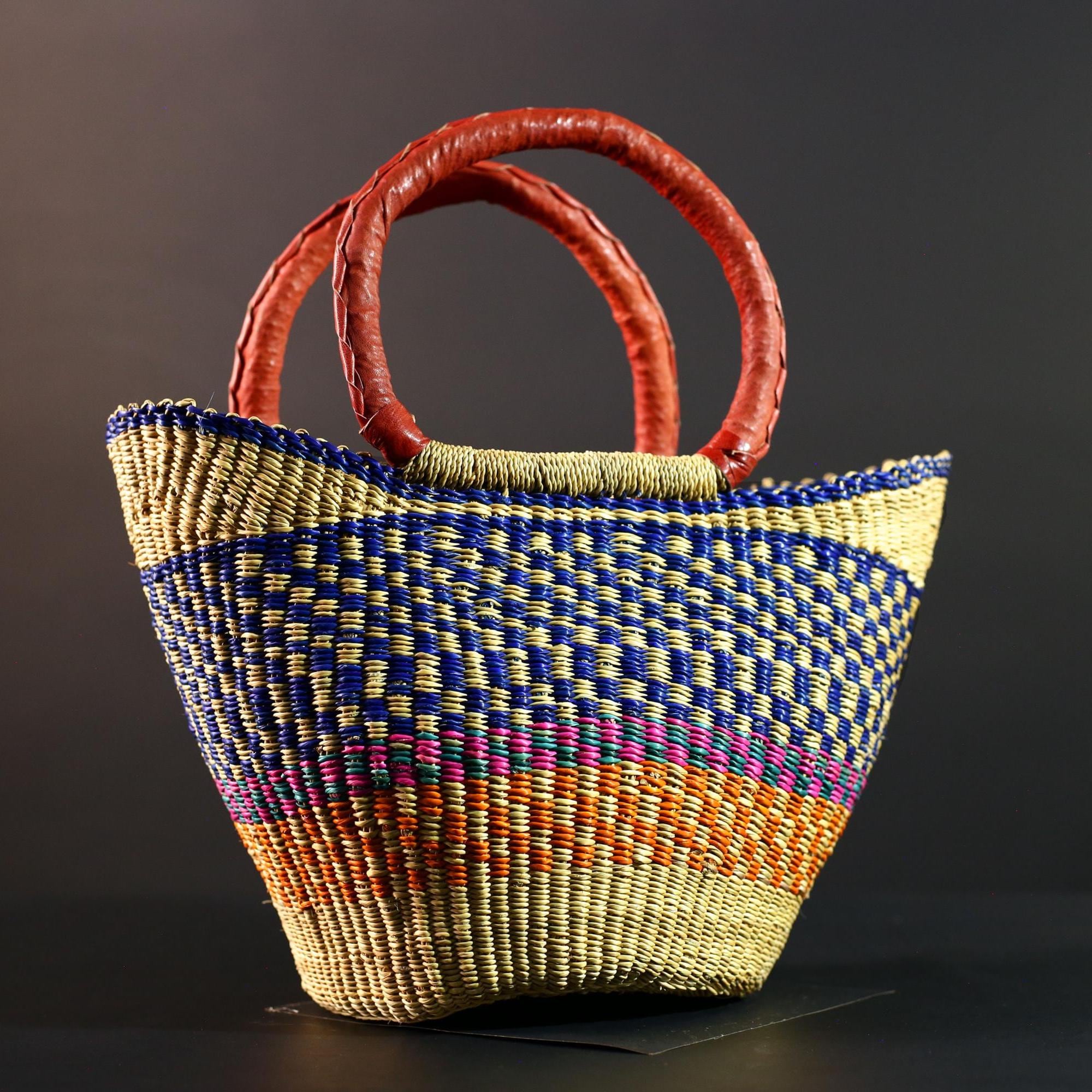 Africa market basket Bolga straw shopper tote with red leather handle colorful tribal weave Ghana handmade storage decor organizer bag G5631