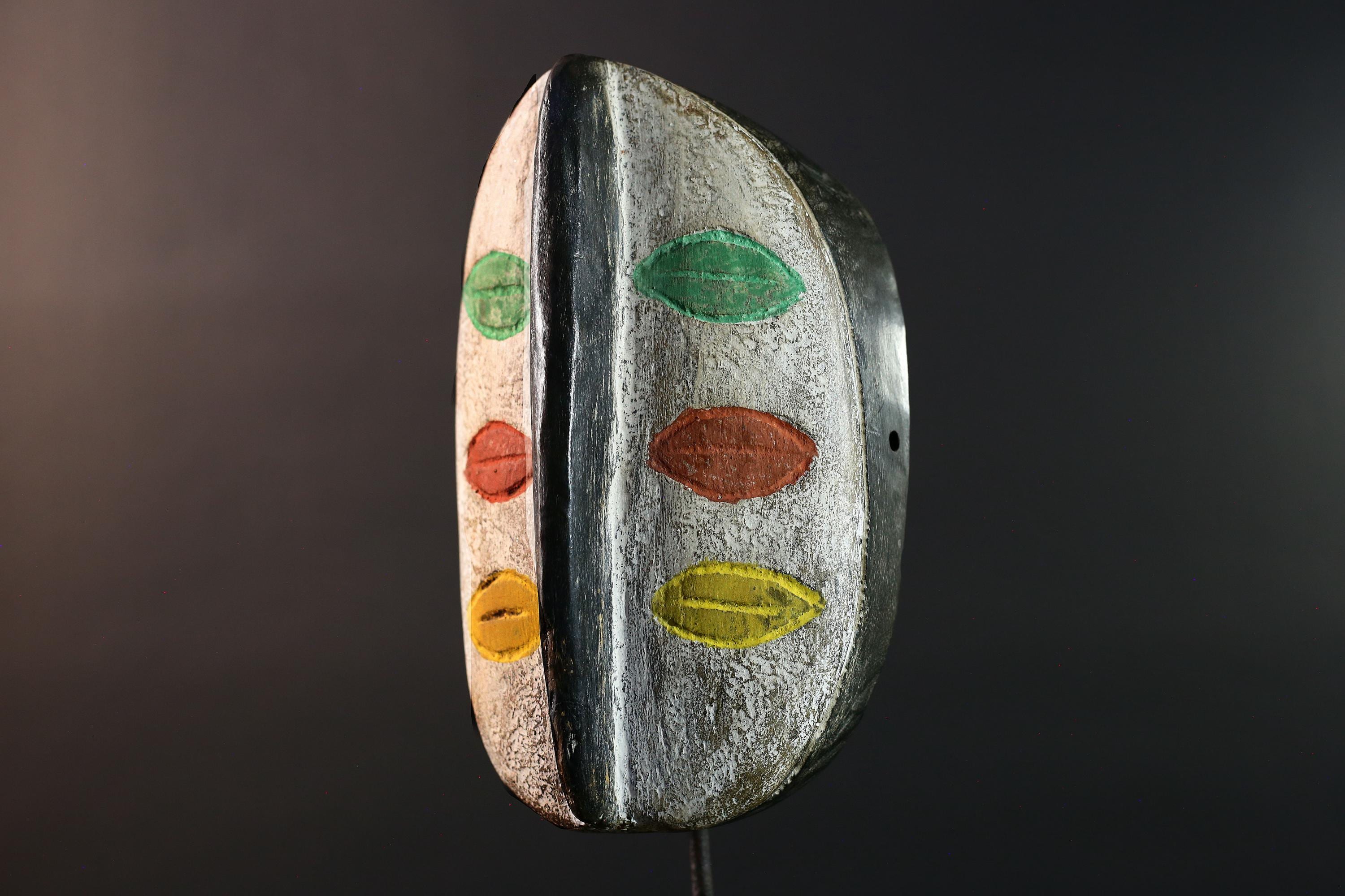 African tribal wall mask hand-carved wood face art Burkina Faso multicolor lips decor rustic ethnic sculpture-G5634