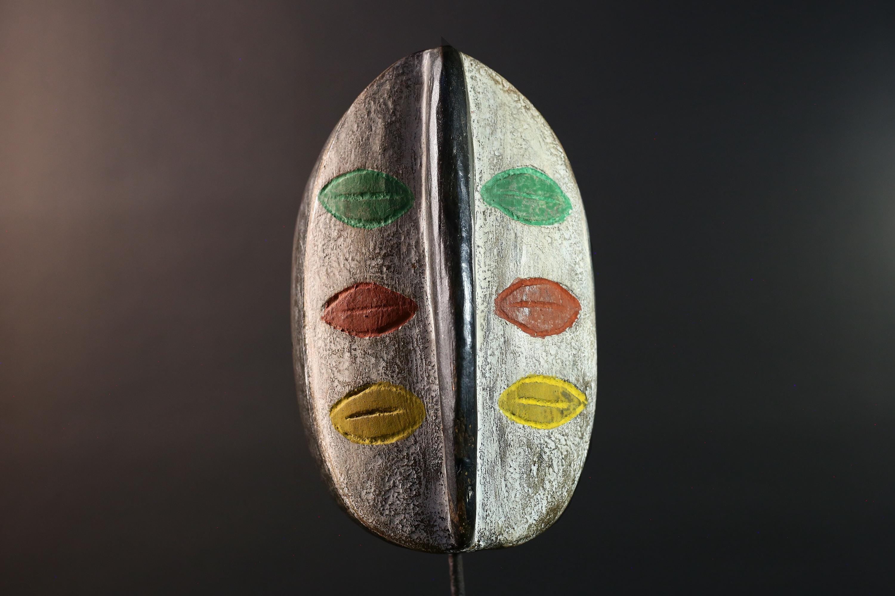 African tribal wall mask hand-carved wood face art Burkina Faso multicolor lips decor rustic ethnic sculpture-G5634