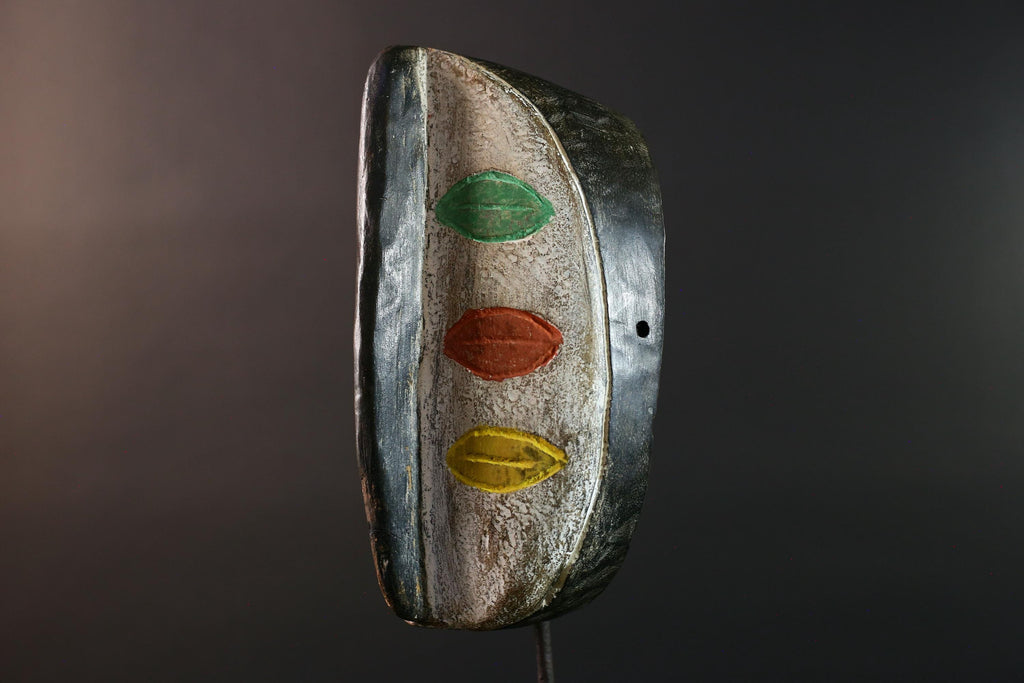 African tribal wall mask hand-carved wood face art Burkina Faso multicolor lips decor rustic ethnic sculpture-G5634