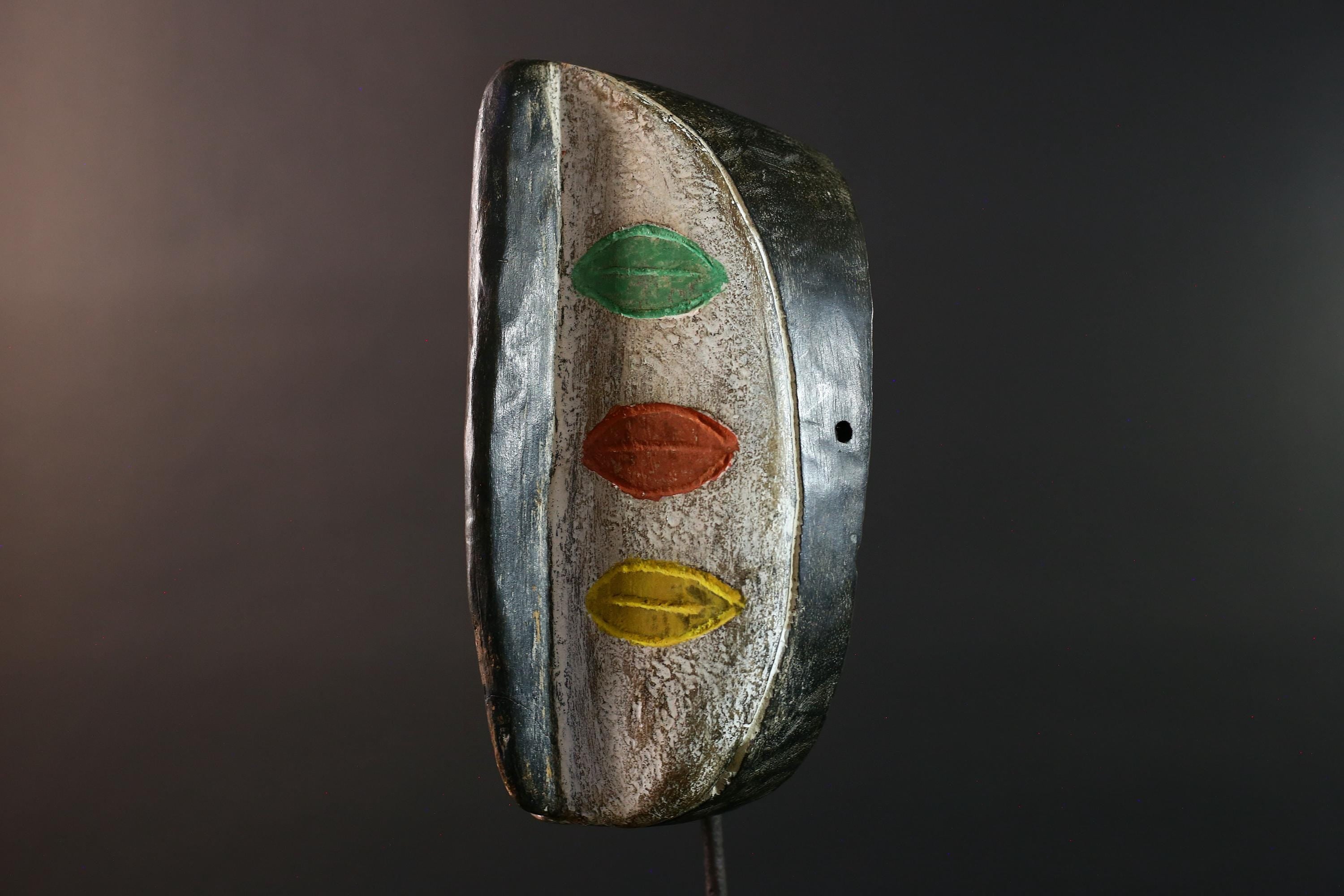 African tribal wall mask hand-carved wood face art Burkina Faso multicolor lips decor rustic ethnic sculpture-G5634