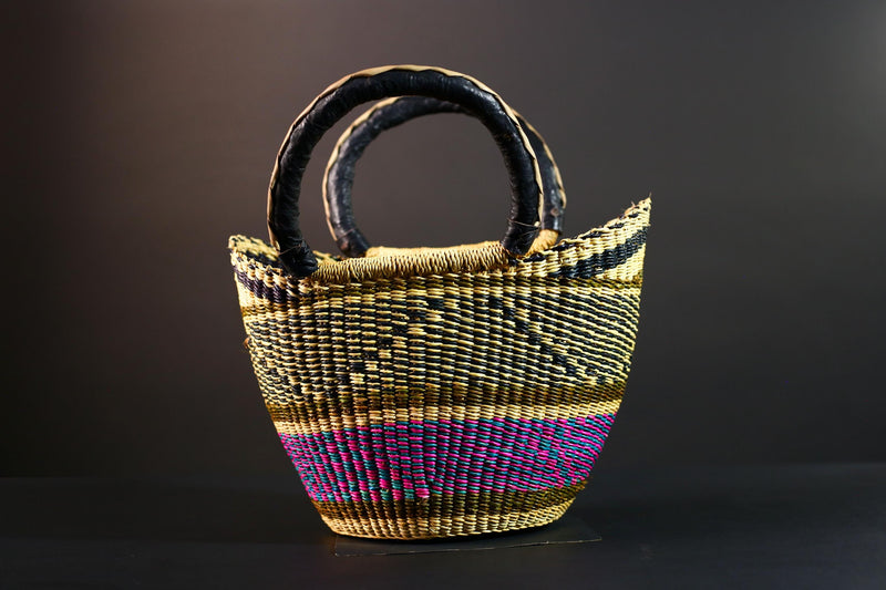 Large African Bolga Basket Handwoven Straw Market Tote Bag Pink Blue Black Handle Ghana Tribal Art Storage Fair Trade Decor G5635