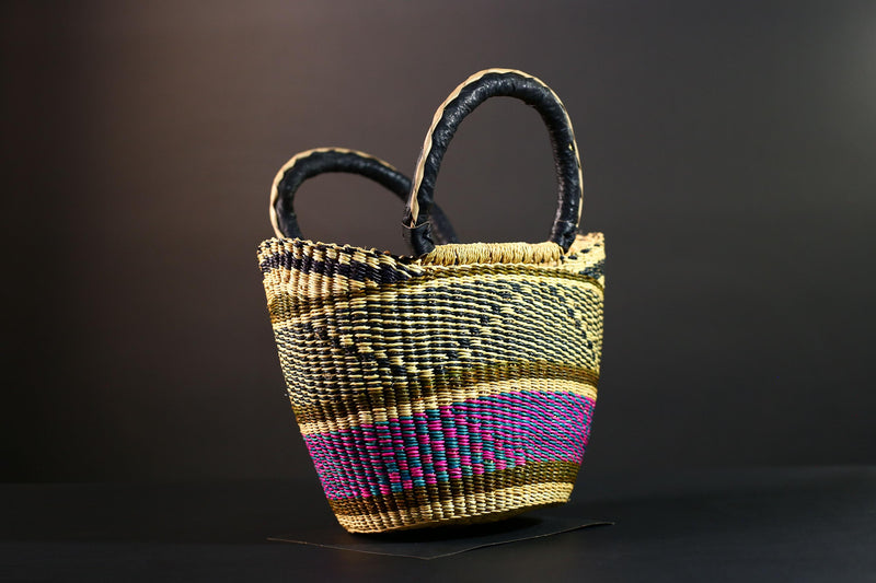 Large African Bolga Basket Handwoven Straw Market Tote Bag Pink Blue Black Handle Ghana Tribal Art Storage Fair Trade Decor G5635