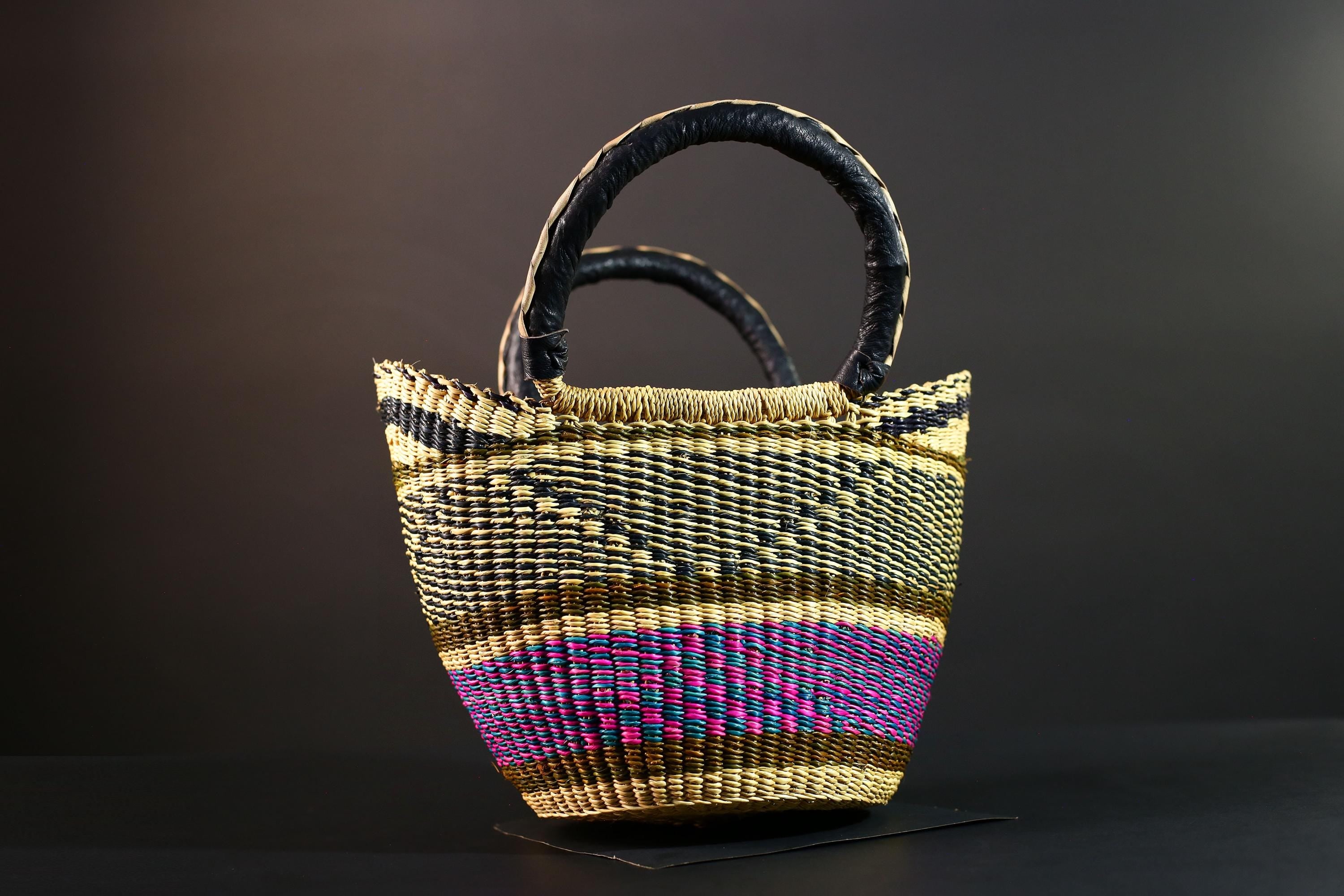 Large African Bolga Basket Handwoven Straw Market Tote Bag Pink Blue Black Handle Ghana Tribal Art Storage Fair Trade Decor G5635