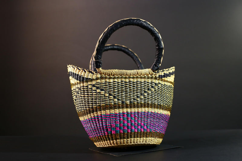 Large African Bolga Basket Handwoven Straw Market Tote Bag Pink Blue Black Handle Ghana Tribal Art Storage Fair Trade Decor G5635