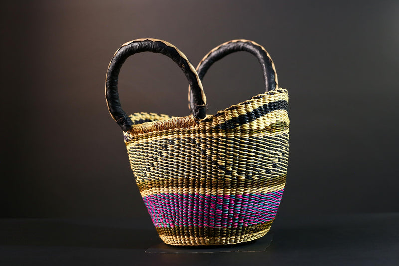 Large African Bolga Basket Handwoven Straw Market Tote Bag Pink Blue Black Handle Ghana Tribal Art Storage Fair Trade Decor G5635