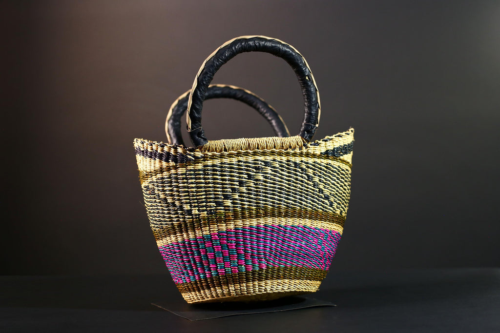 Large African Bolga Basket Handwoven Straw Market Tote Bag Pink Blue Black Handle Ghana Tribal Art Storage Fair Trade Decor G5635