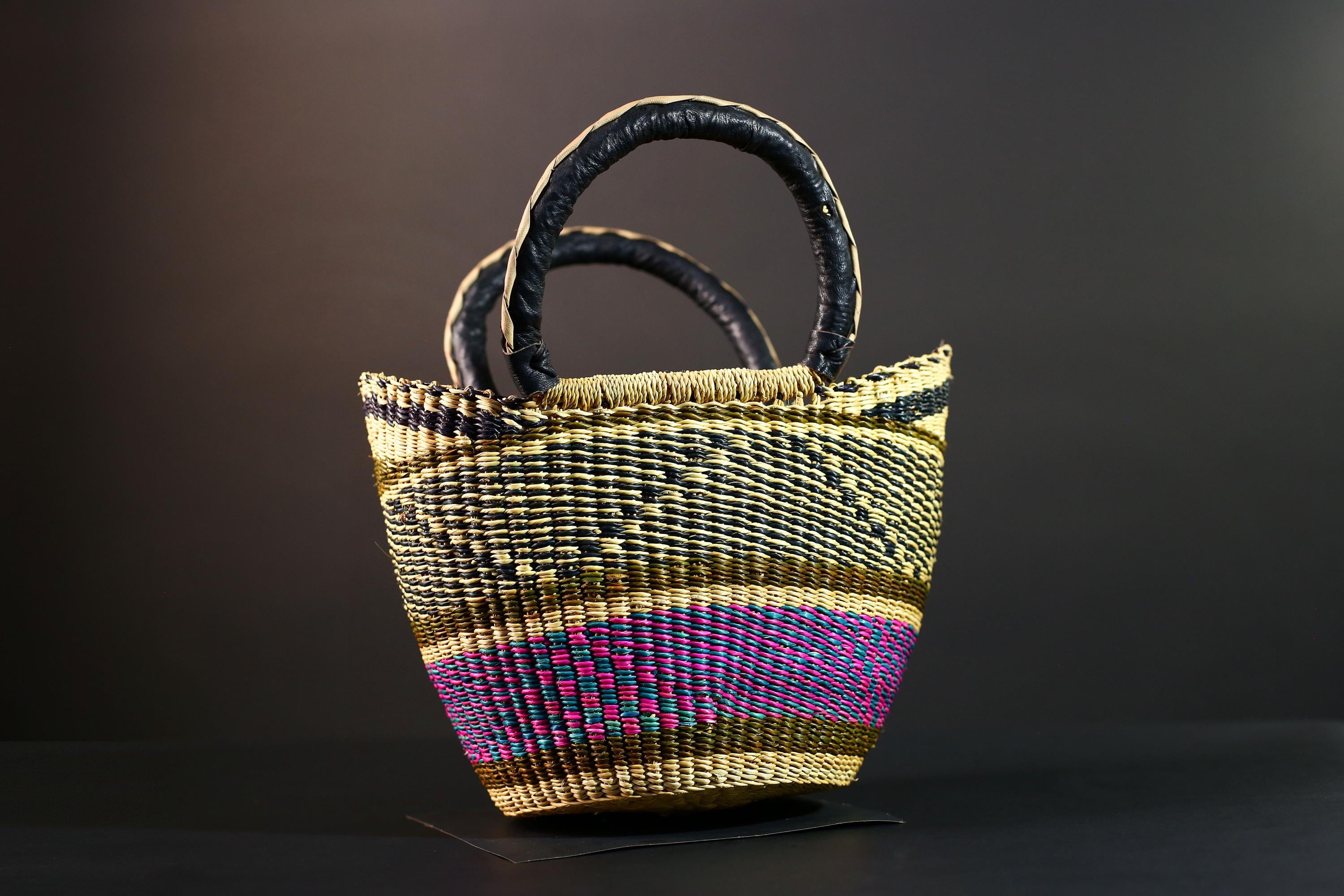 Large African Bolga Basket Handwoven Straw Market Tote Bag Pink Blue Black Handle Ghana Tribal Art Storage Fair Trade Decor G5635
