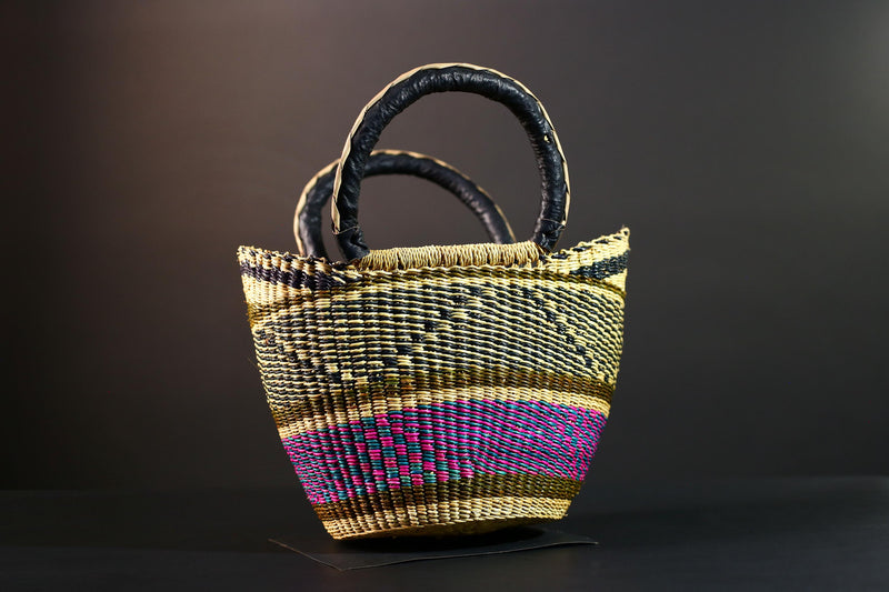 Large African Bolga Basket Handwoven Straw Market Tote Bag Pink Blue Black Handle Ghana Tribal Art Storage Fair Trade Decor G5635