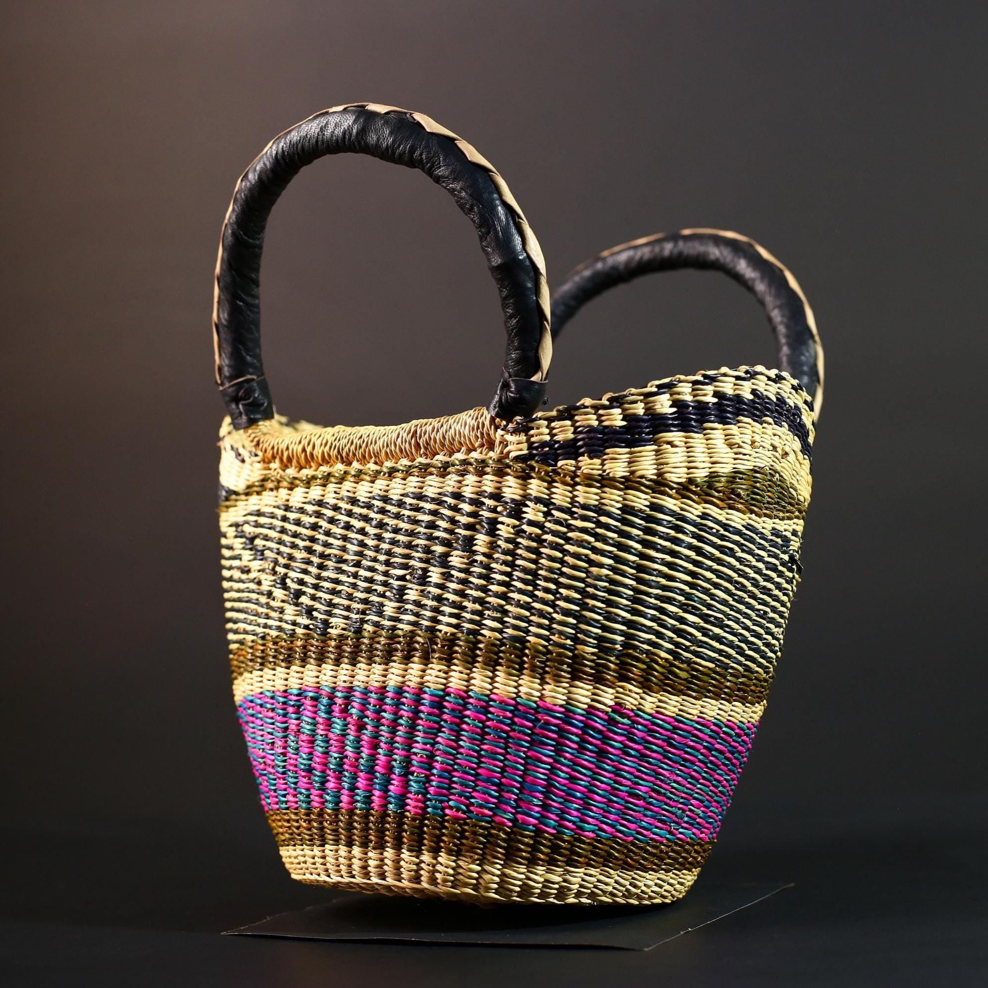 Large African Bolga Basket Handwoven Straw Market Tote Bag Pink Blue Black Handle Ghana Tribal Art Storage Fair Trade Decor G5635