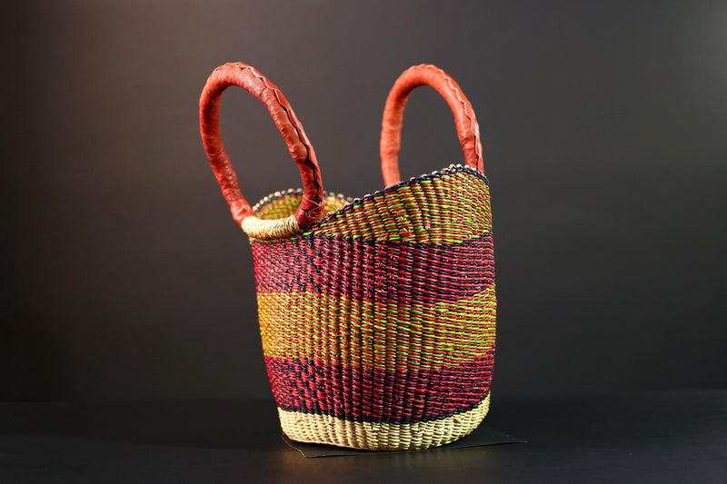 African Bolga Basket Handwoven Market Tote Ghana Straw Bag Red Leather Handle Colorful Storage Organizer Tribal Decor G5636