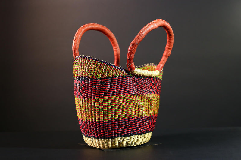 African Bolga Basket Handwoven Market Tote Ghana Straw Bag Red Leather Handle Colorful Storage Organizer Tribal Decor G5636