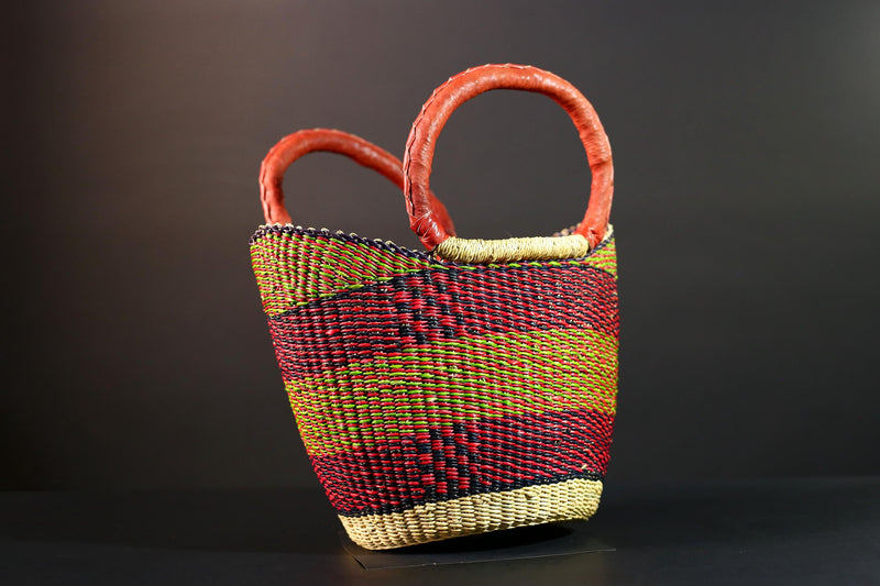 African Bolga Basket Handwoven Market Tote Ghana Straw Bag Red Leather Handle Colorful Storage Organizer Tribal Decor G5636