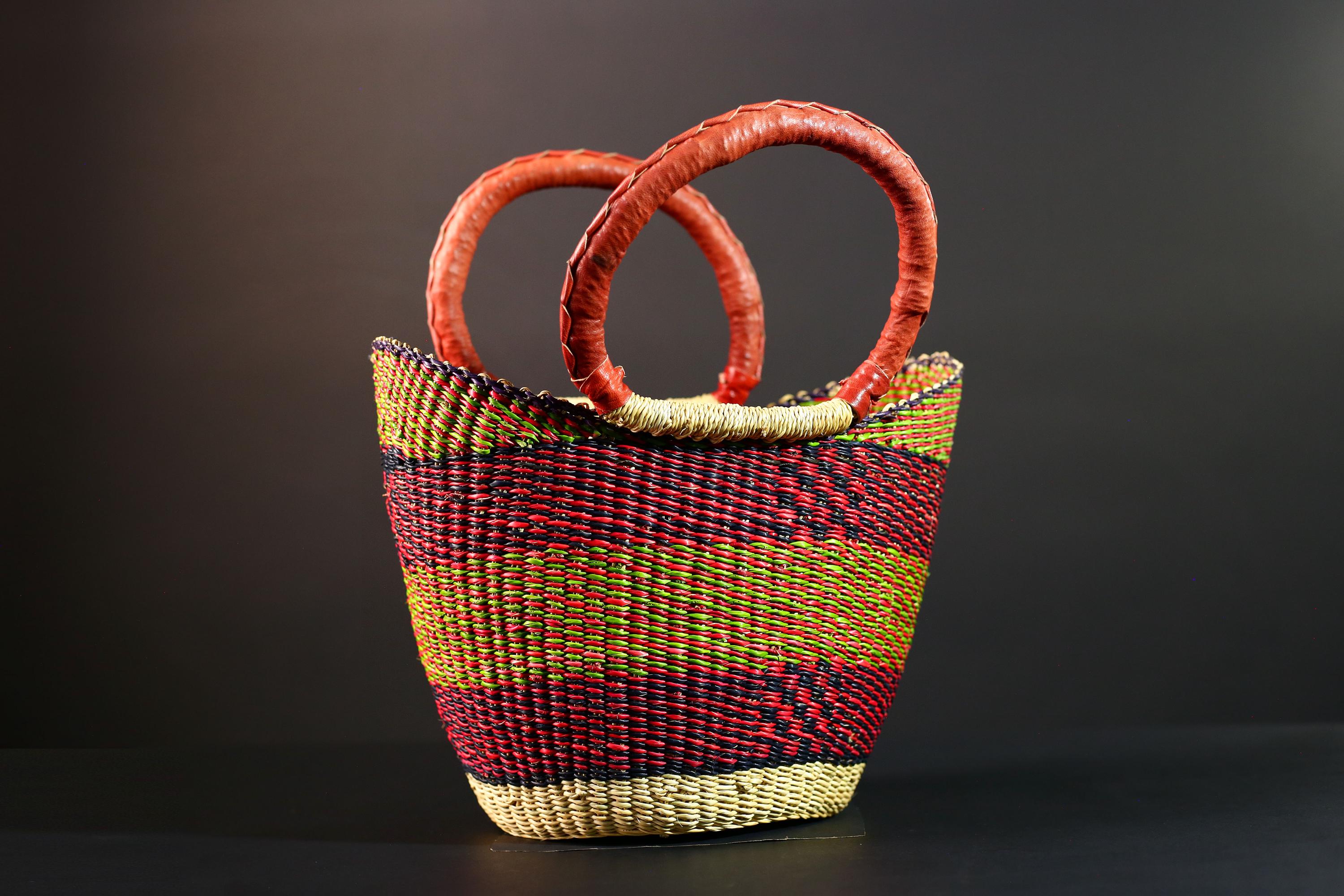 African Bolga Basket Handwoven Market Tote Ghana Straw Bag Red Leather Handle Colorful Storage Organizer Tribal Decor G5636