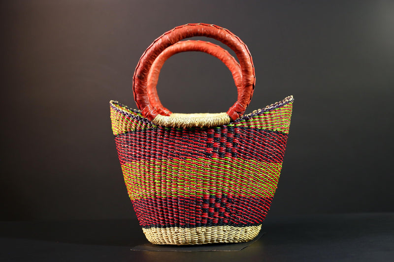African Bolga Basket Handwoven Market Tote Ghana Straw Bag Red Leather Handle Colorful Storage Organizer Tribal Decor G5636