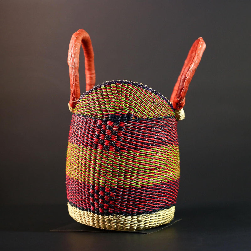 African Bolga Basket Handwoven Market Tote Ghana Straw Bag Red Leather Handle Colorful Storage Organizer Tribal Decor G5636