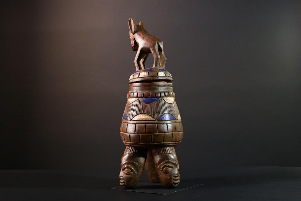 African Yoruba Carved Container Tribal Wood Sculpture With Donkey Nigeria Art Decor Storage Vessel Ethnic Cultural Piece-G5637