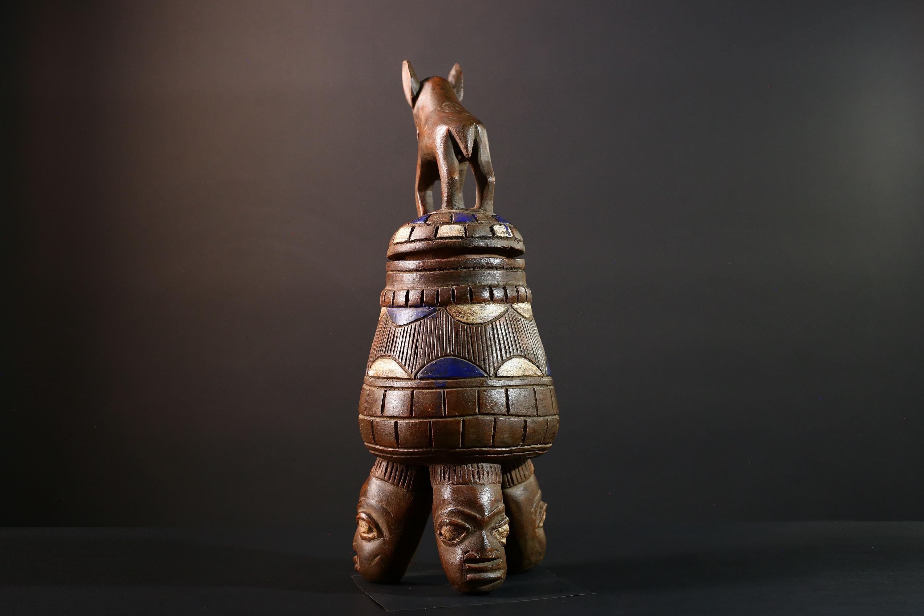 African Yoruba Carved Container Tribal Wood Sculpture With Donkey Nigeria Art Decor Storage Vessel Ethnic Cultural Piece-G5637