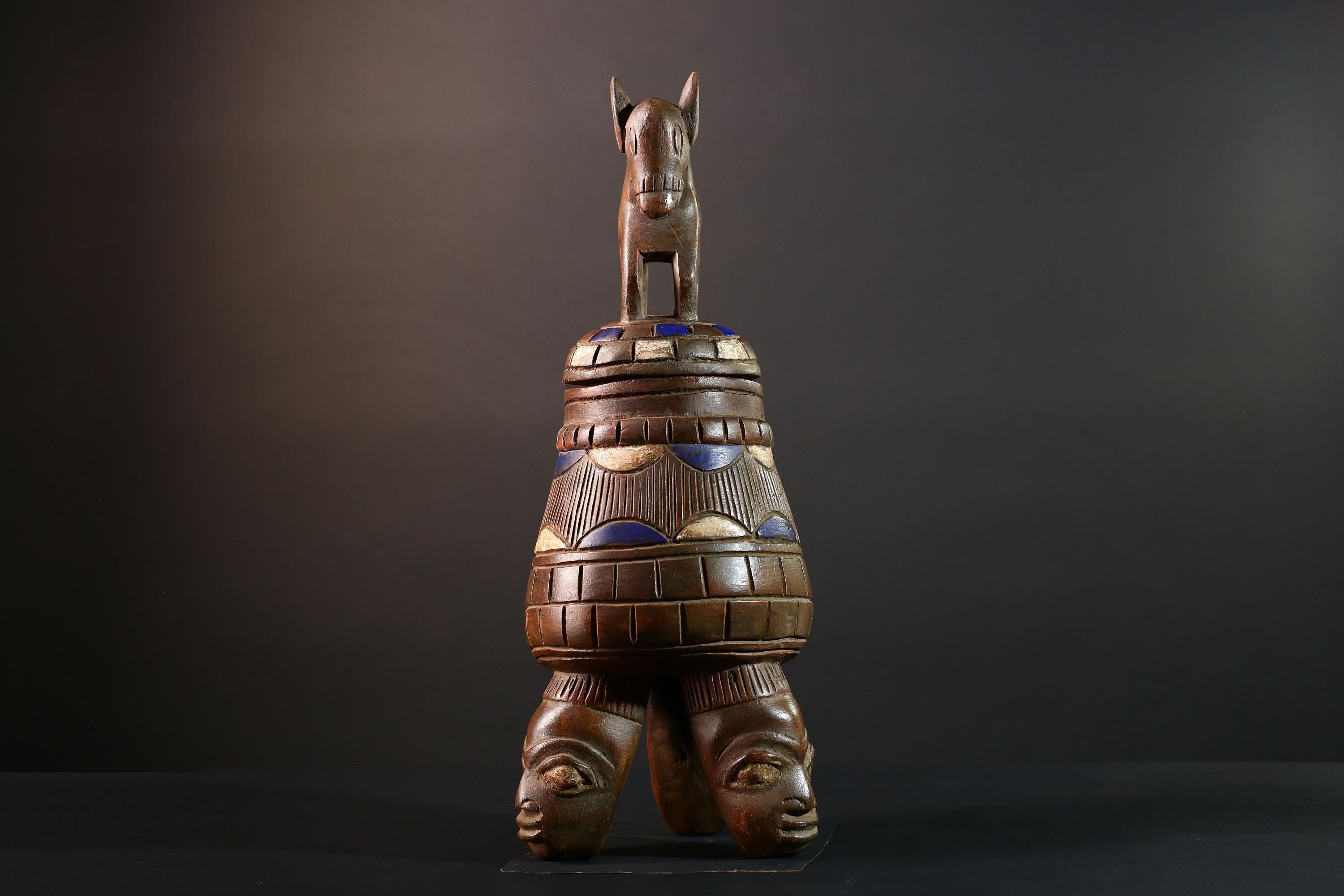 African Yoruba Carved Container Tribal Wood Sculpture With Donkey Nigeria Art Decor Storage Vessel Ethnic Cultural Piece-G5637