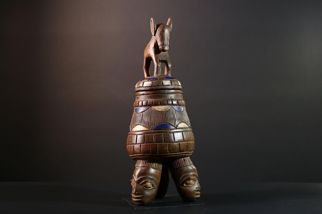 African Yoruba Carved Container Tribal Wood Sculpture With Donkey Nigeria Art Decor Storage Vessel Ethnic Cultural Piece-G5637