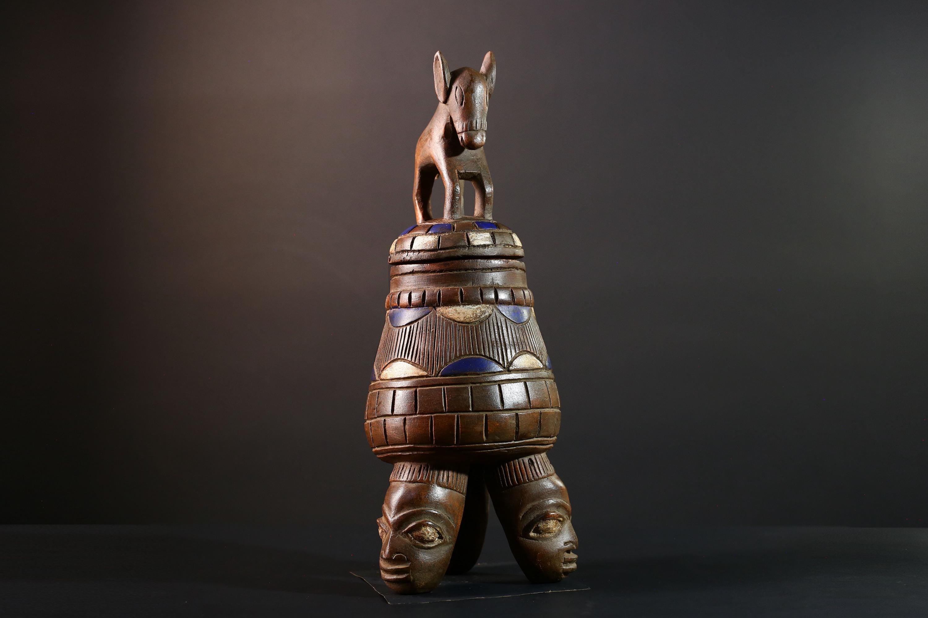 African Yoruba Carved Container Tribal Wood Sculpture With Donkey Nigeria Art Decor Storage Vessel Ethnic Cultural Piece-G5637