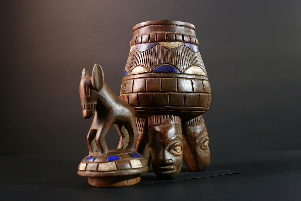 African Yoruba Carved Container Tribal Wood Sculpture With Donkey Nigeria Art Decor Storage Vessel Ethnic Cultural Piece-G5637