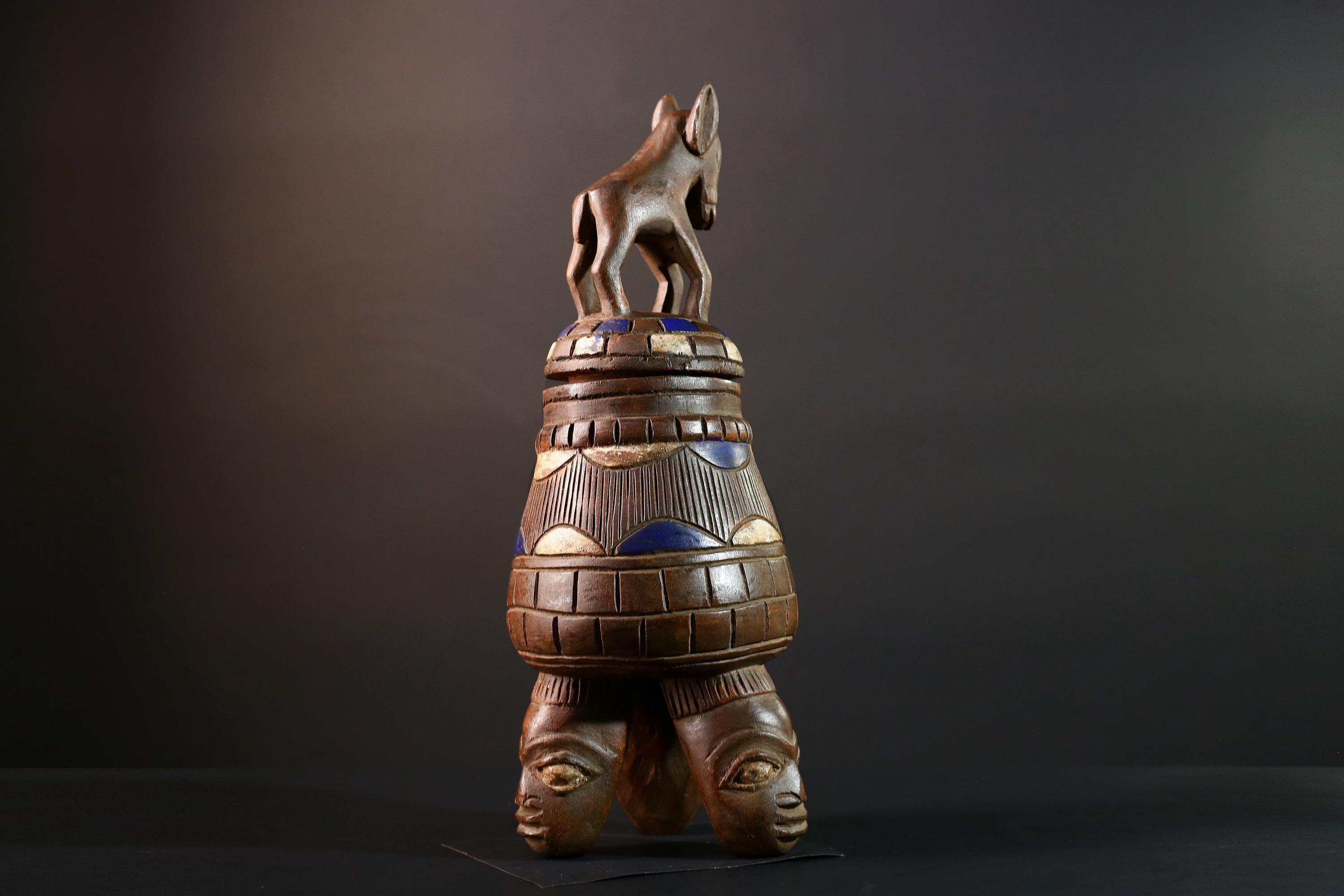 African Yoruba Carved Container Tribal Wood Sculpture With Donkey Nigeria Art Decor Storage Vessel Ethnic Cultural Piece-G5637