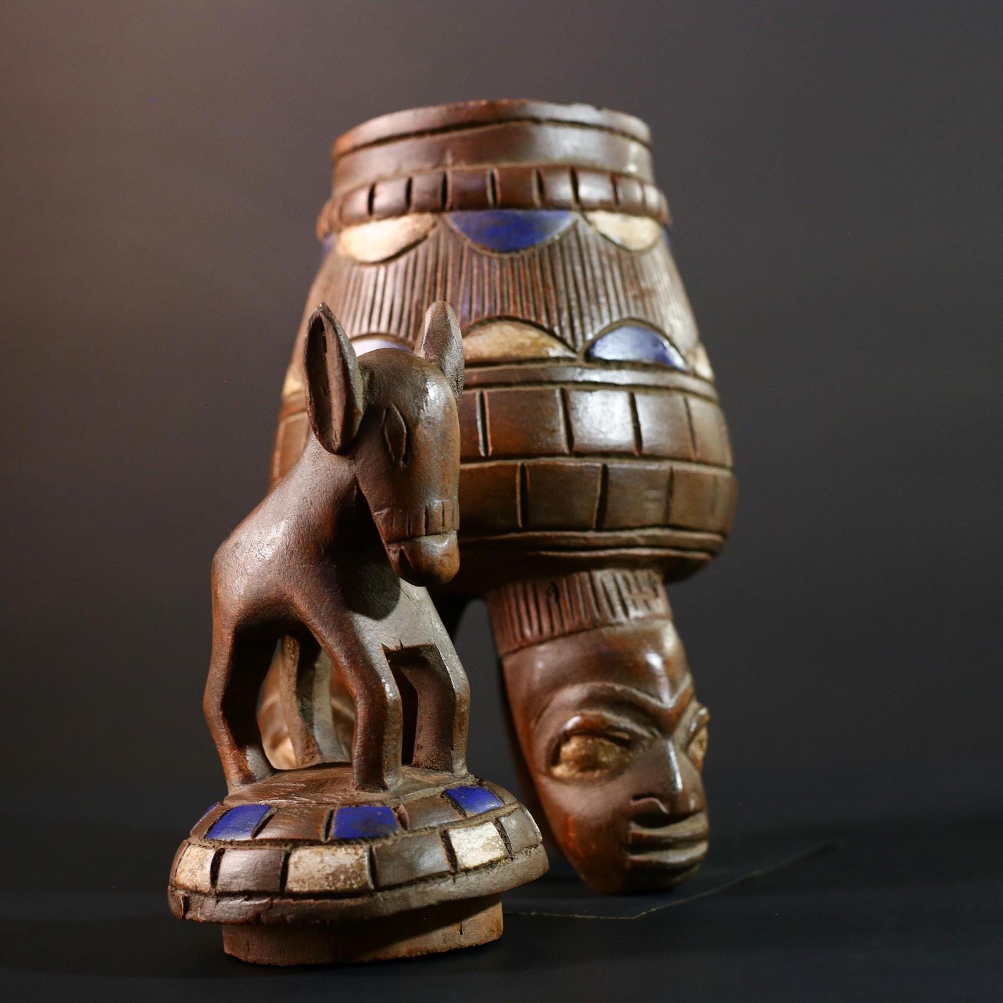 African Yoruba Carved Container Tribal Wood Sculpture With Donkey Nigeria Art Decor Storage Vessel Ethnic Cultural Piece-G5637