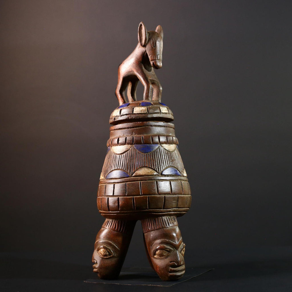 African Yoruba Carved Container Tribal Wood Sculpture With Donkey Nigeria Art Decor Storage Vessel Ethnic Cultural Piece-G5637