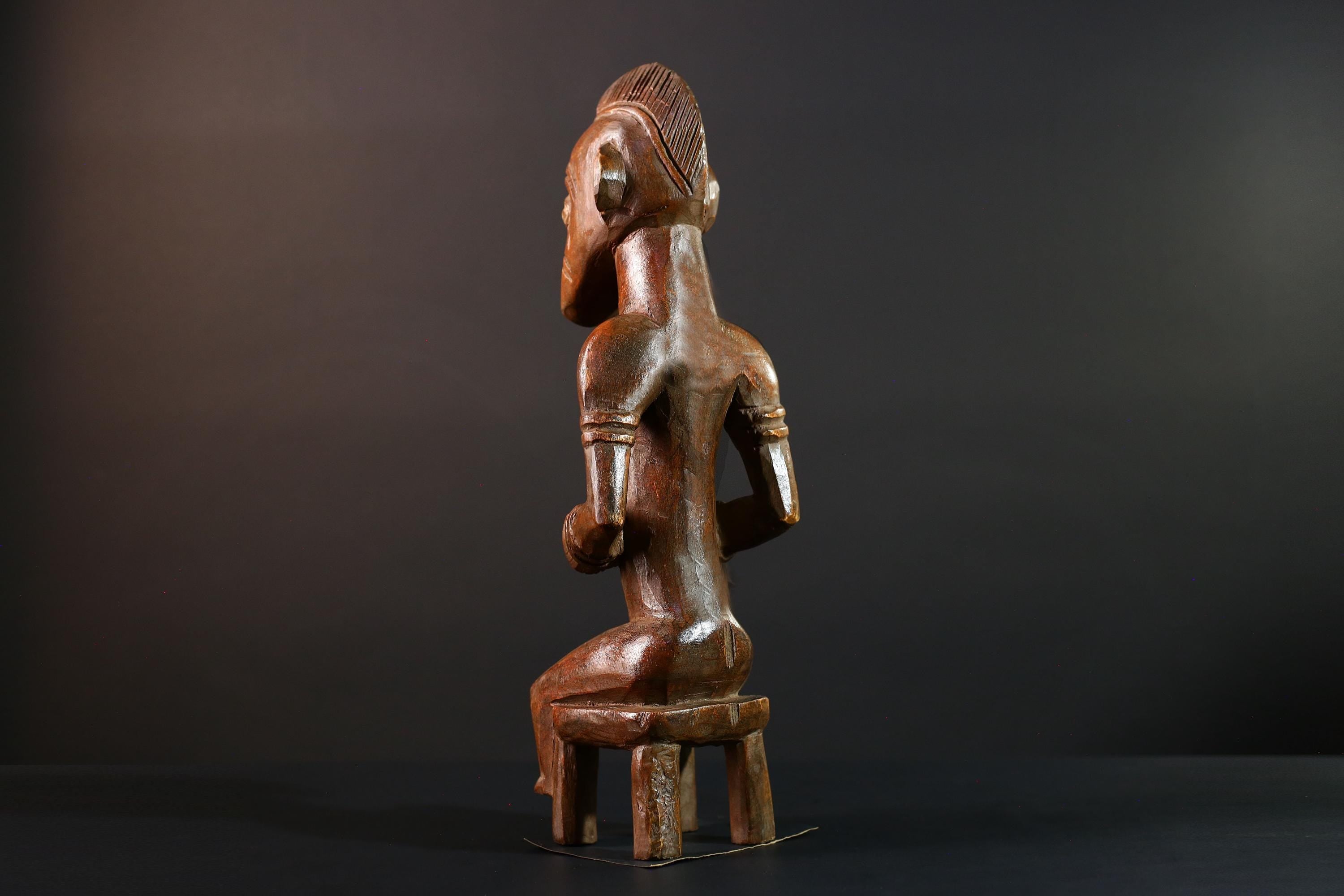 African Yoruba female figure seated on stool carved tribal fertility sculpture from Nigeria altar decor spiritual wood art-G5640