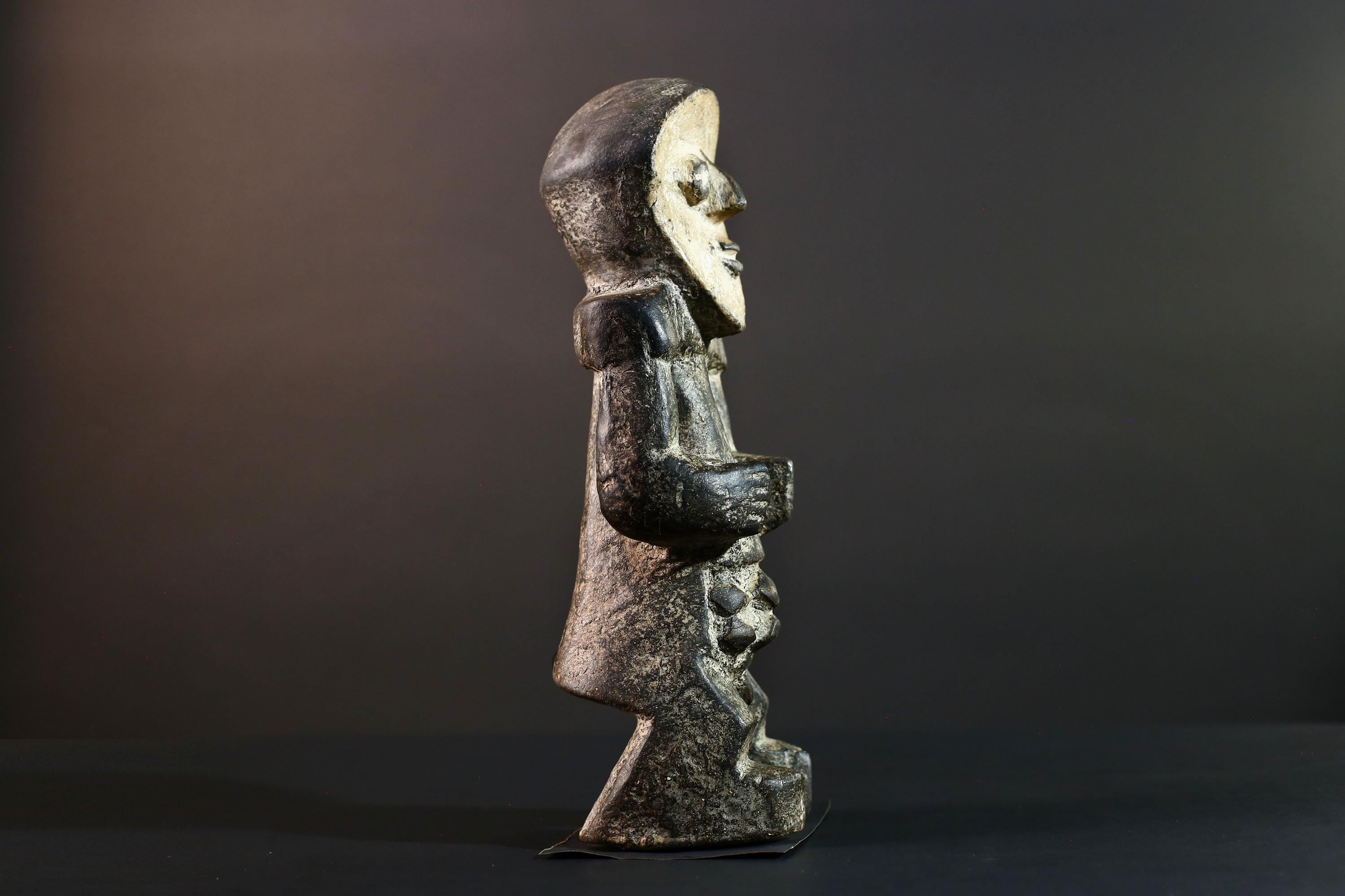 African Congo tribal figure with stylized face carved wood fertility sculpture ancestral decor primitive masculine statue-G5641