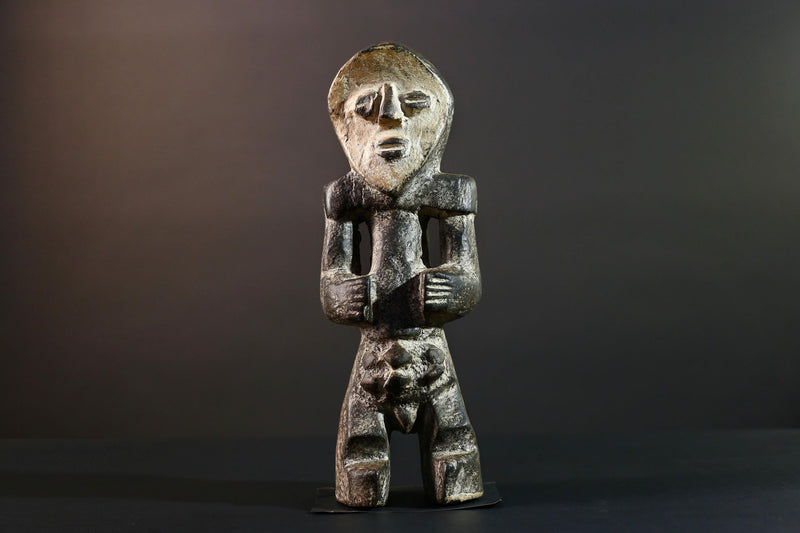 African Congo tribal figure with stylized face carved wood fertility sculpture ancestral decor primitive masculine statue-G5641