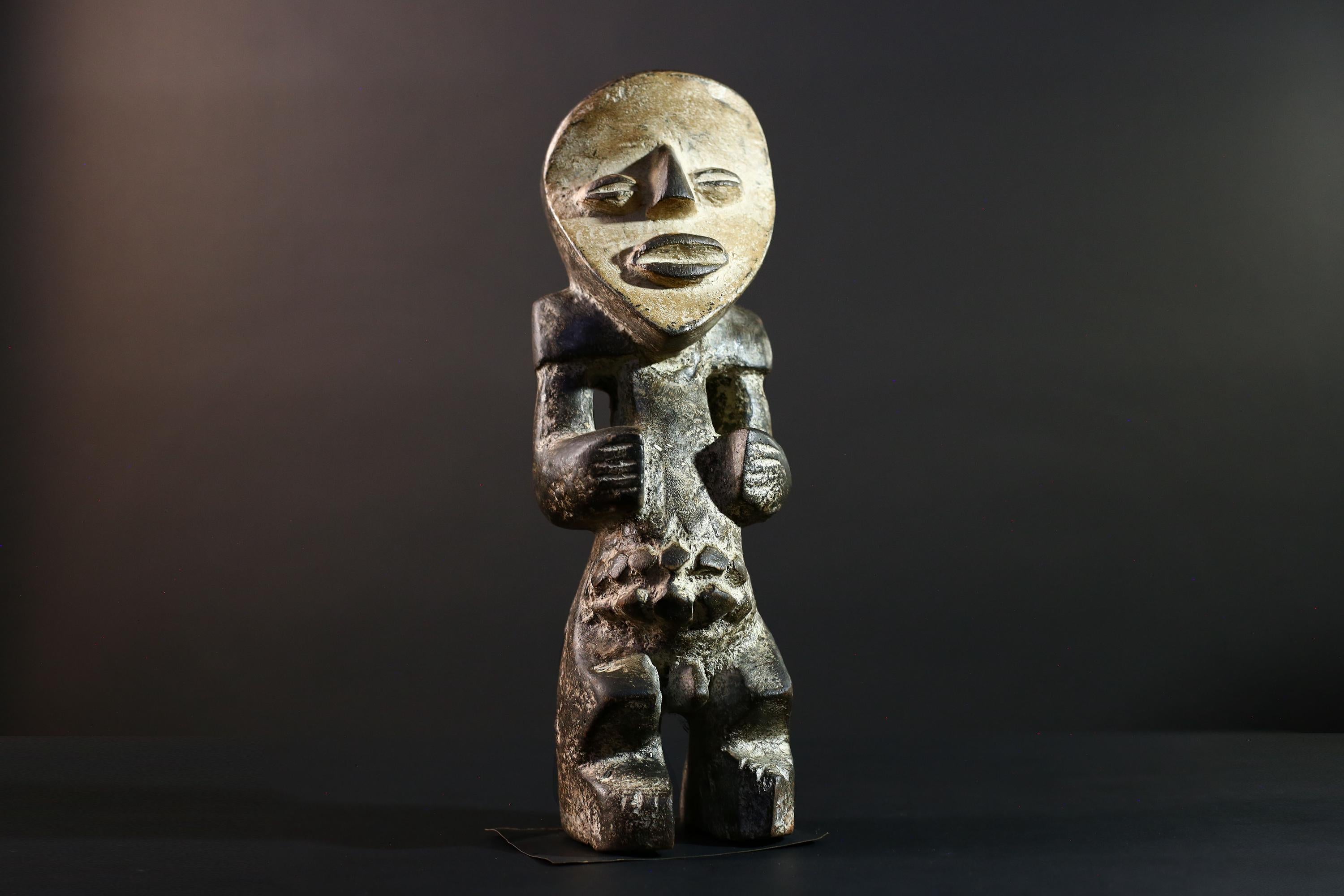 African Congo male figure carved geometric tribal statue with stylized genitals ancestral ritual wood sculpture masculine decor art-G5642