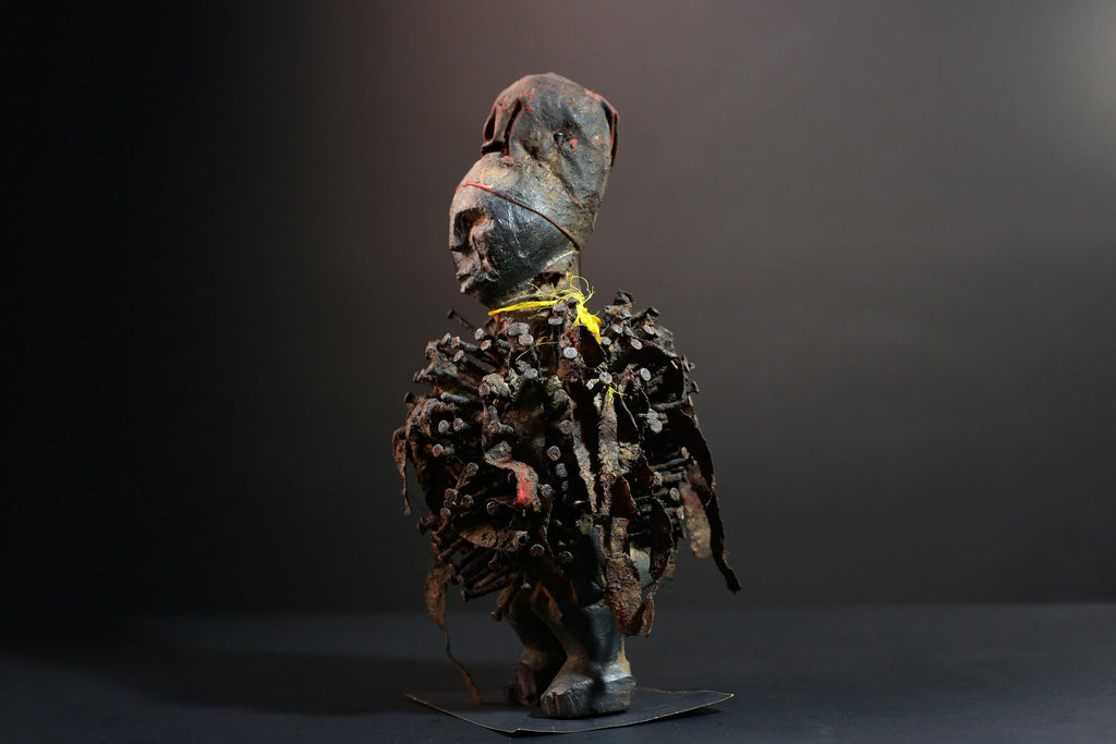 African Nkisi Nail Figure Power Sculpture Congo Tribal Fetish Statue Carved Wood Charm with Nails Protective Ritual Art-G5643