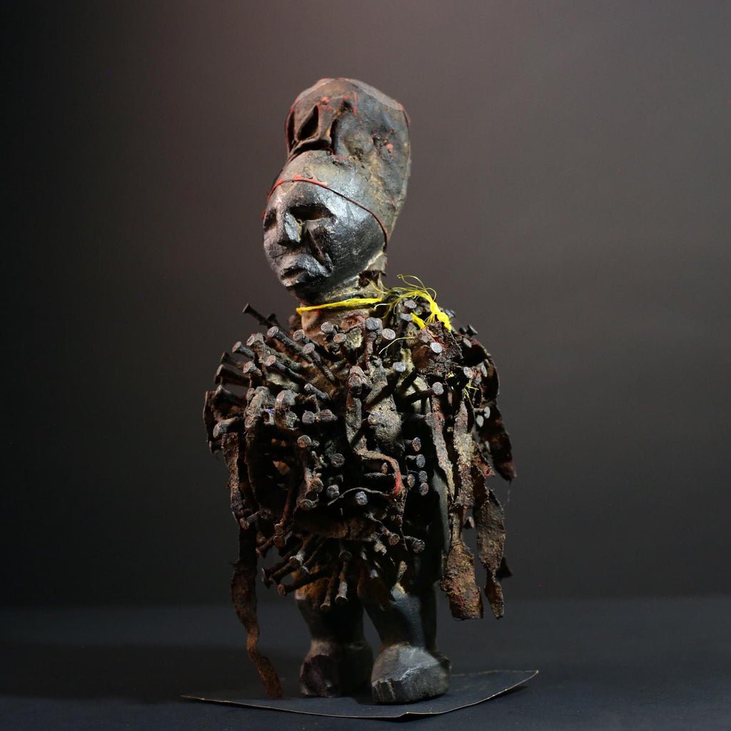 African Nkisi Nail Figure Power Sculpture Congo Tribal Fetish Statue Carved Wood Charm with Nails Protective Ritual Art-G5643