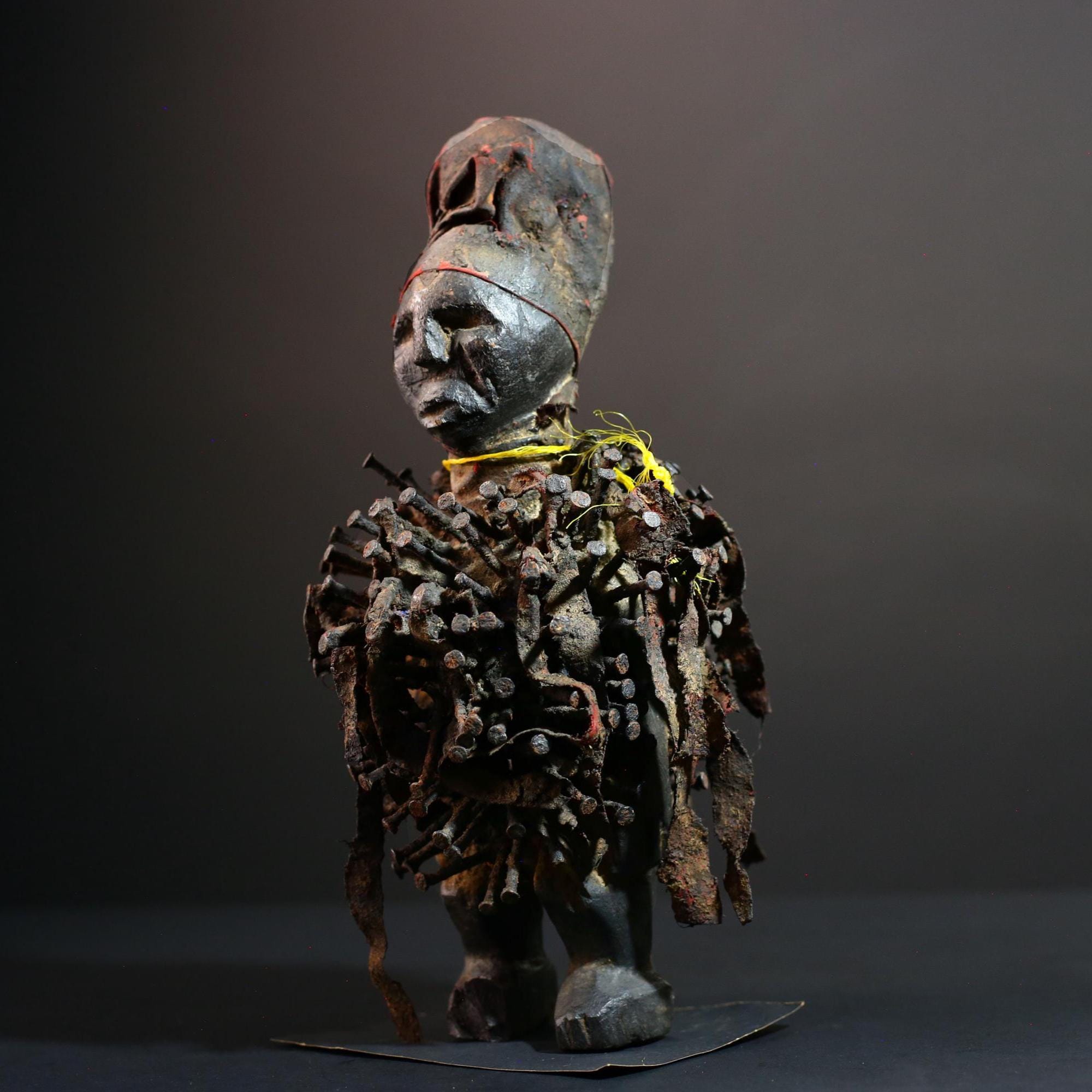 African Nkisi Nail Figure Power Sculpture Congo Tribal Fetish Statue Carved Wood Charm with Nails Protective Ritual Art-G5643
