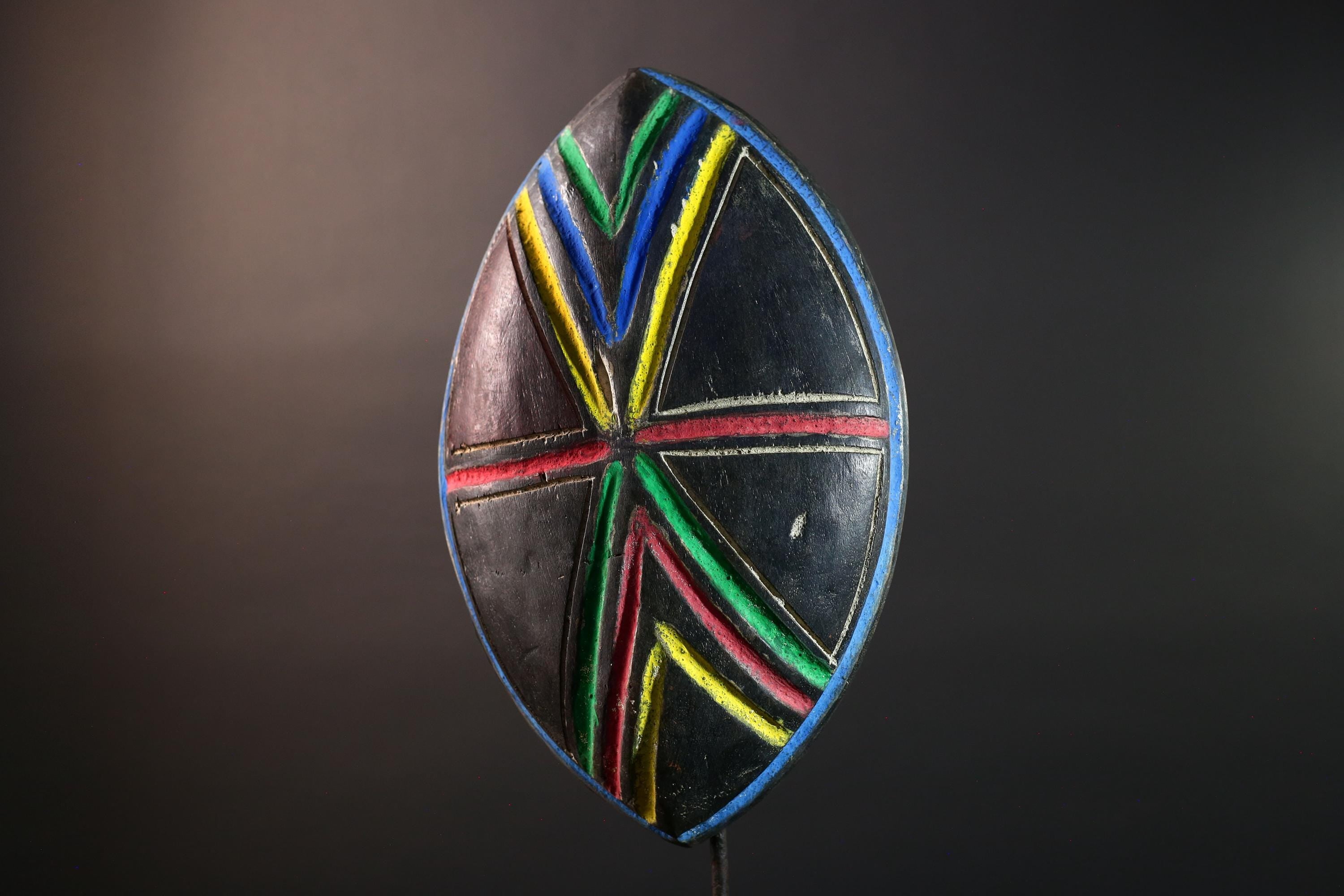 African Tribal Shield Wall Art Congo Carved Wood Decor Geometric Symbol Panel Multicolor Ceremonial Warrior Interior Accent G5644