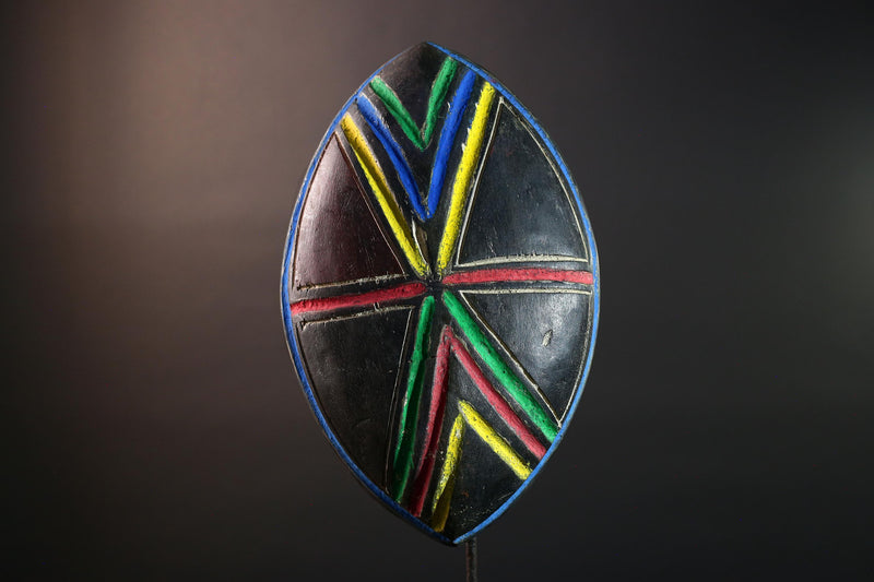 African Tribal Shield Wall Art Congo Carved Wood Decor Geometric Symbol Panel Multicolor Ceremonial Warrior Interior Accent G5644