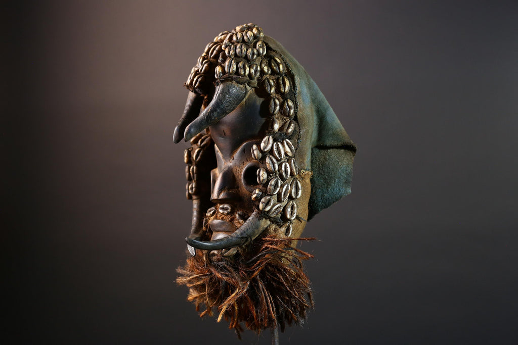 African Dan Cowrie Shell Mask Hand-Carved Wood Sculpture Tribal Spirit Wall Hanging Decor Ancestral Relic Folk Art Ivory Coast-G5646