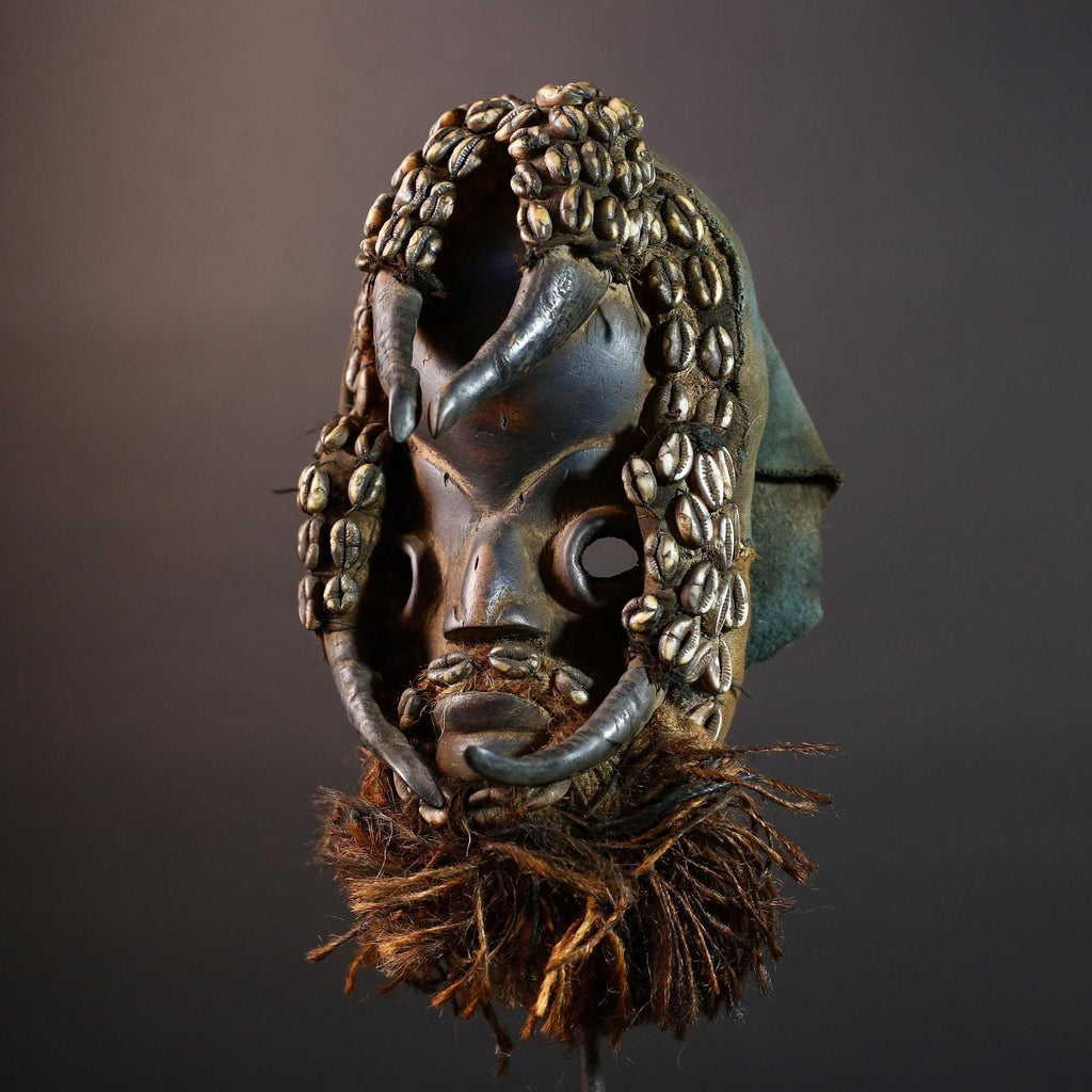 African Dan Cowrie Shell Mask Hand-Carved Wood Sculpture Tribal Spirit Wall Hanging Decor Ancestral Relic Folk Art Ivory Coast-G5646
