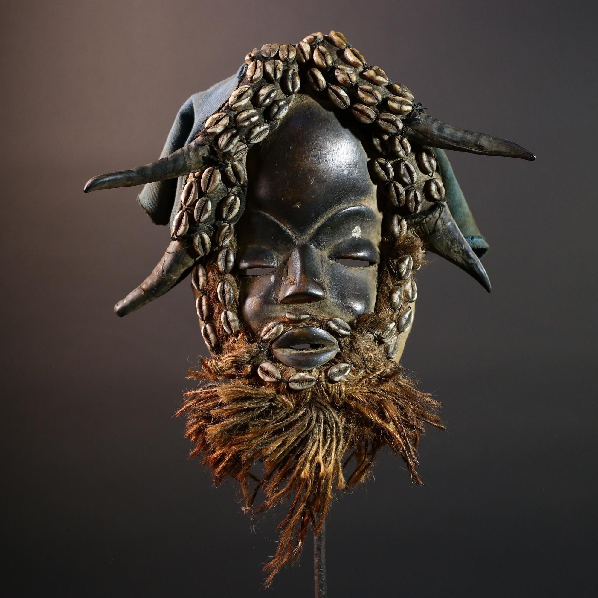 Vintage Dan Cowrie Shell Mask – Authentic Hand-Carved Wood Headdress from Côte d’Ivoire, Ritual Ancestral Art, Tribal Wall Decor-G5649