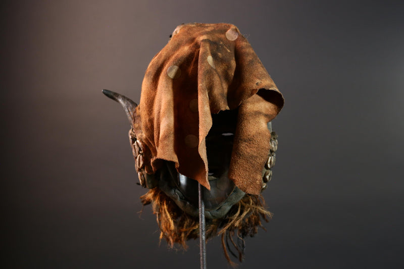 African Dan Cowrie Shell Mask Hand Carved Hardwood Ritual Art Decor from Ivory Coast with Buffalo Horn Accents for Home Display-G5650