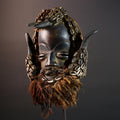 African Dan Cowrie Shell Mask Hand Carved Hardwood Ritual Art Decor from Ivory Coast with Buffalo Horn Accents for Home Display-G5650