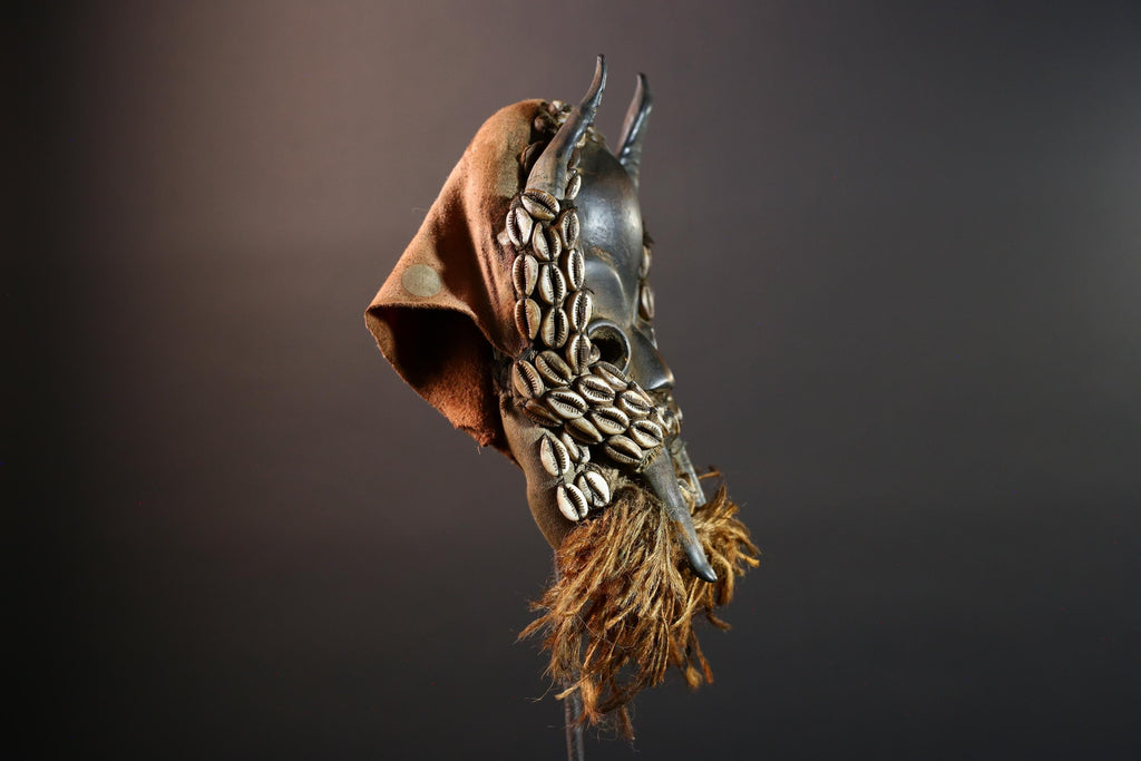 Vintage African Dan Mask with Cowrie Shells & Raffia Beard – Hand-Carved Hardwood Ritual Art from Côte d’Ivoire -G5652