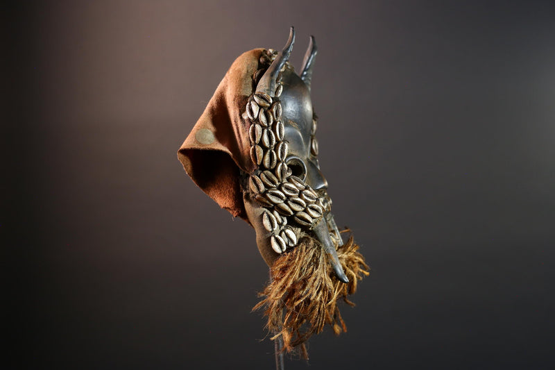 Vintage African Dan Mask with Cowrie Shells & Raffia Beard – Hand-Carved Hardwood Ritual Art from Côte d’Ivoire -G5652