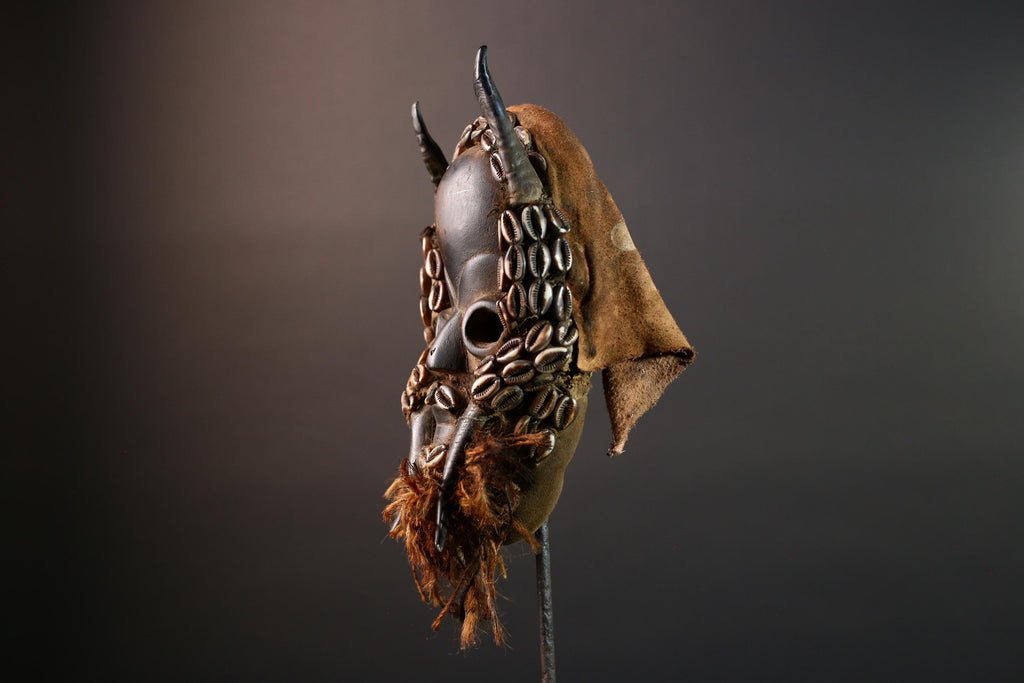 Vintage African Dan Mask with Cowrie Shells & Raffia Beard – Hand-Carved Hardwood Ritual Art from Côte d’Ivoire -G5652