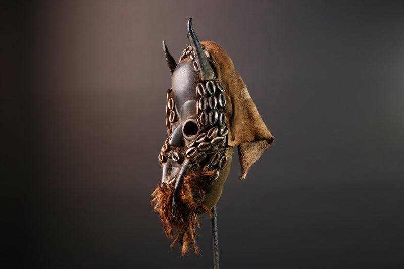 Vintage African Dan Mask with Cowrie Shells & Raffia Beard – Hand-Carved Hardwood Ritual Art from Côte d’Ivoire -G5652